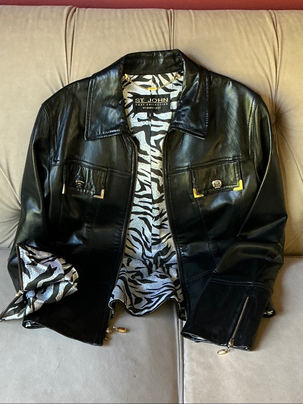 St. John Black Leather Jacket with Zebra-Print Lining Gold hardware